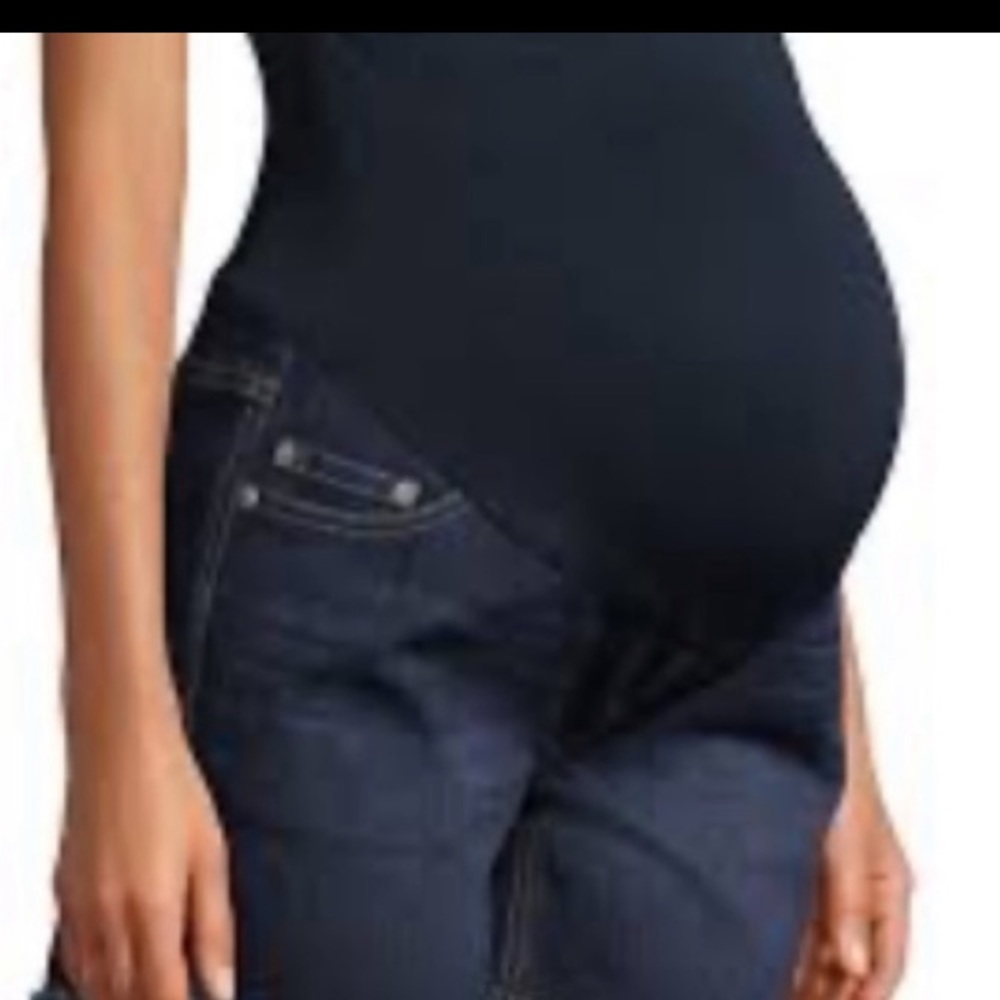 Indigo Blue Maternity Bermuda Denim Shorts Wide Stretch Band Pregnancy Sz Small